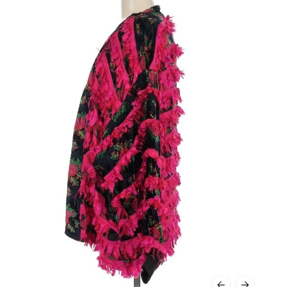 Vtg Paula Sweet 1980 Muslin Mink Cardigan fuschia silk fringe rose print velvet - Picture 4 of 8